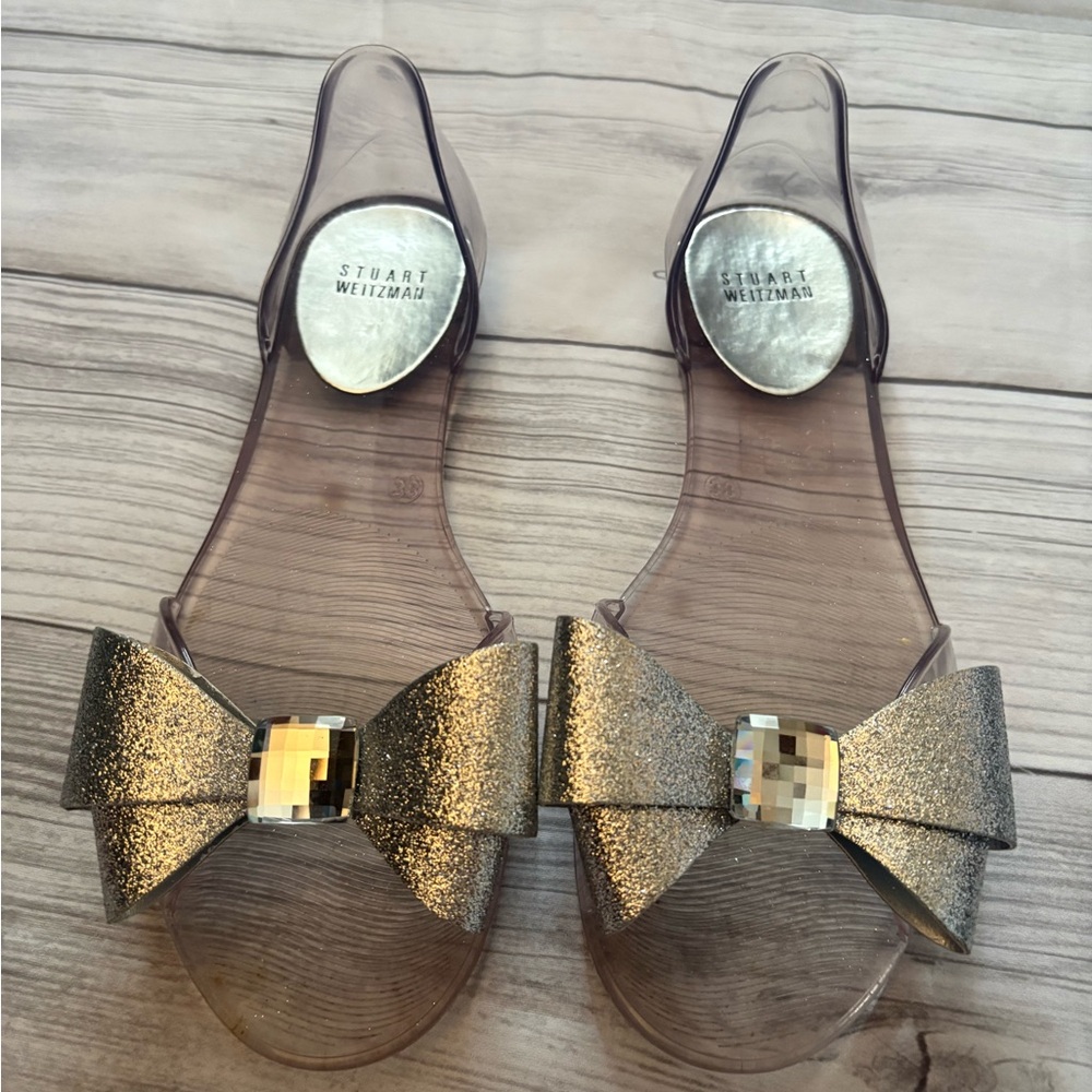 Stuart Weitzman Clear Sandals Sliver Glitter Bow Women’s size 7 1/2 (38)